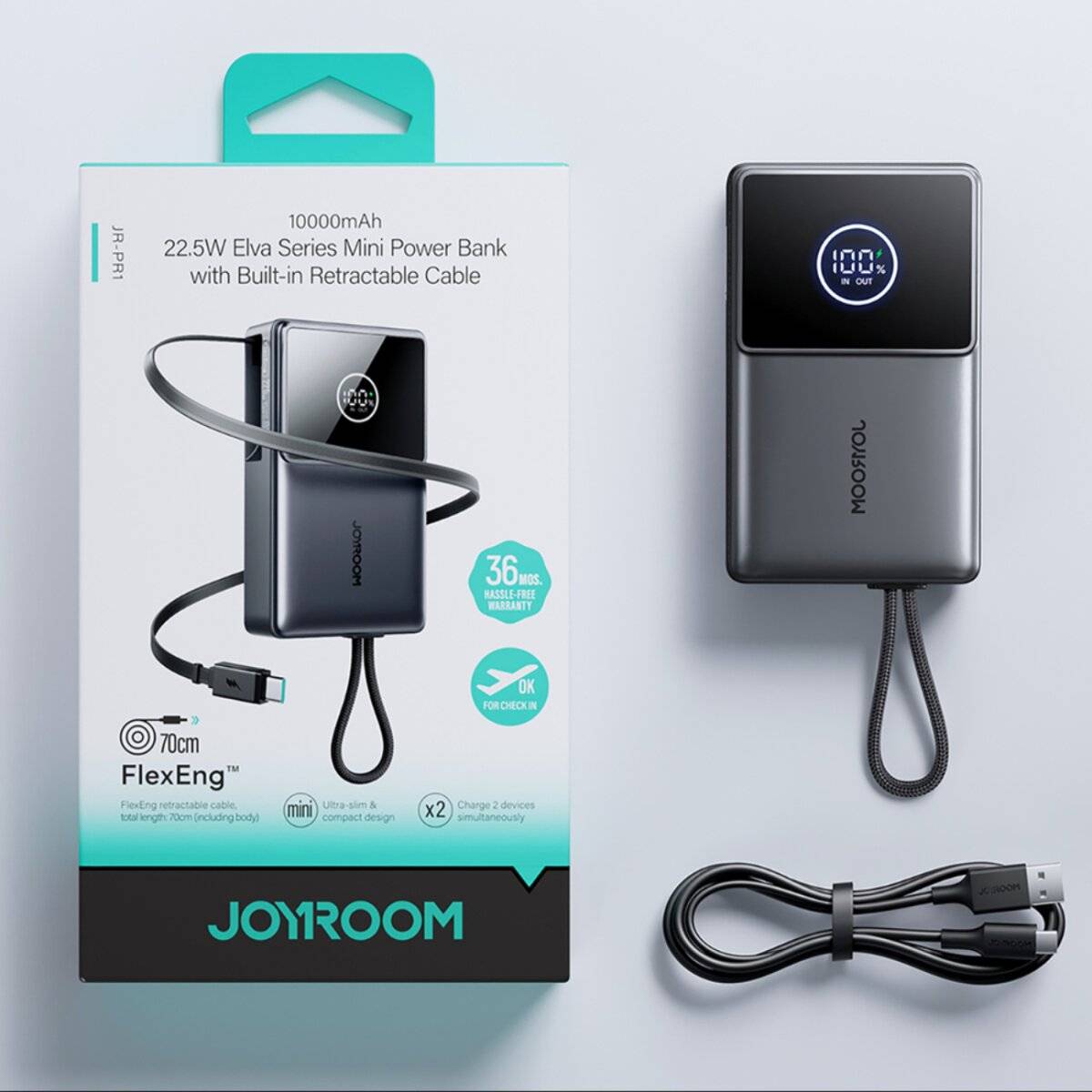 Joyroom JR-PR1 10000mAh 22,5W Powerbank mit integriertem einziehbarem USB-C-Kabel – Schwarz