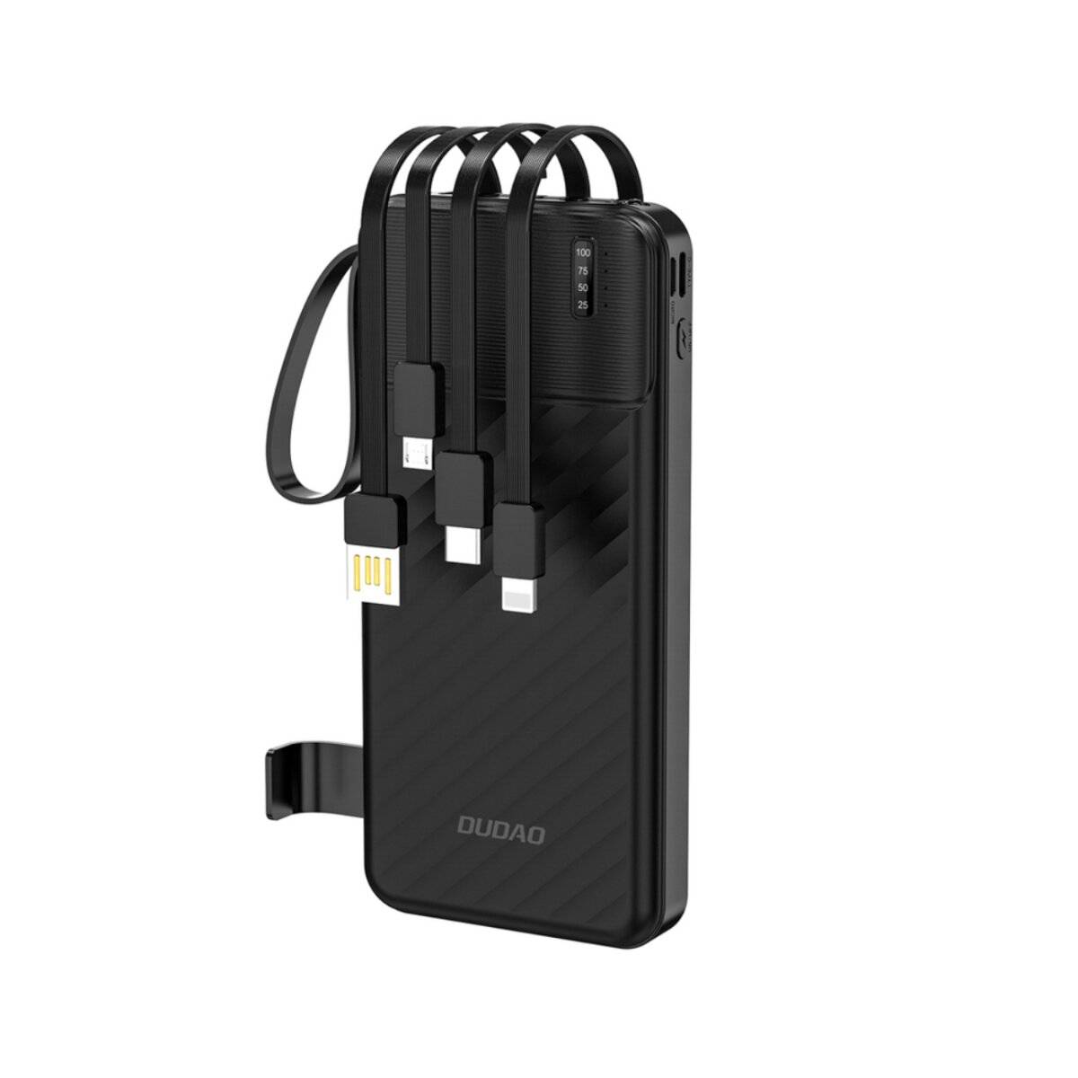 Tragbare Powerbank mit mehreren angeschlossenen Ladekabeln, die USB- und Lightning-Anschlüsse zeigt. Schwarze Farbe, kompaktes Design.