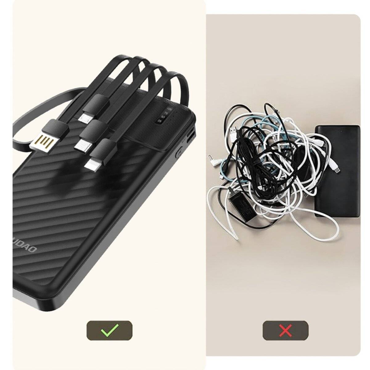 Das Bild zeigt einen Vergleich von Lademöglichkeiten: links ein schlanke Powerbank mit angeschlossenen Kabeln, die mit einem Häkchen gekennzeichnet ist; rechts ein Knäuel von Kabeln, die mit einem 'X' markiert sind.