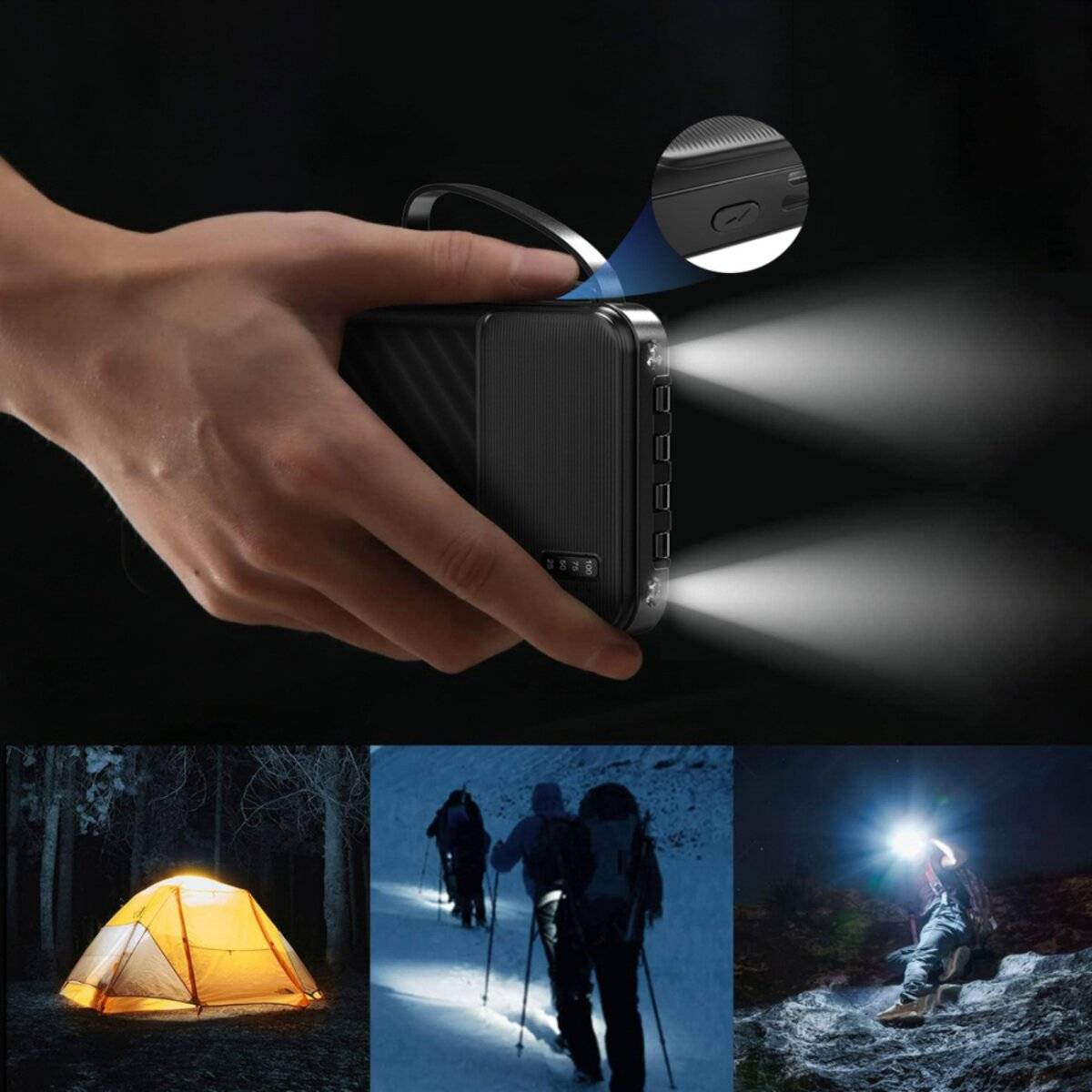 Eine Person, die eine tragbare Taschenlampe hält und Licht in zwei Richtungen scheint. Darunter befinden sich Bilder von einem Zelt, Wanderern und einer Person auf Schnee bei Nacht.