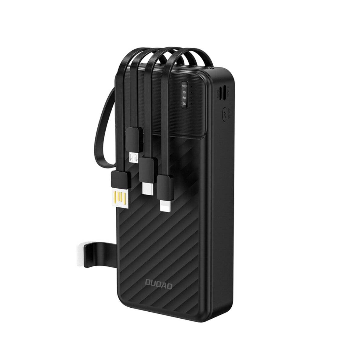 Eine schwarze Powerbank mit integrierten Ladekabeln und USB-Anschlüssen, die vor einem weißen Hintergrund präsentiert wird.
