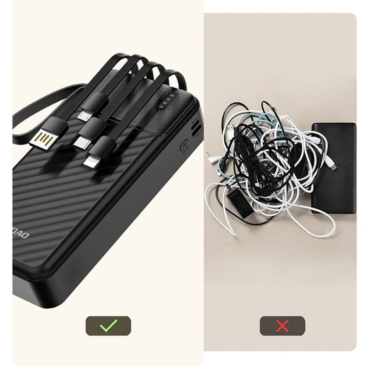 Ein aufgeräumter Powerbank mit angeschlossenen Kabeln neben einem verwickelten Kabelgewirr. Ein grünes Häkchen neben der Powerbank, ein rotes Kreuz bei den verwickelten Kabeln.