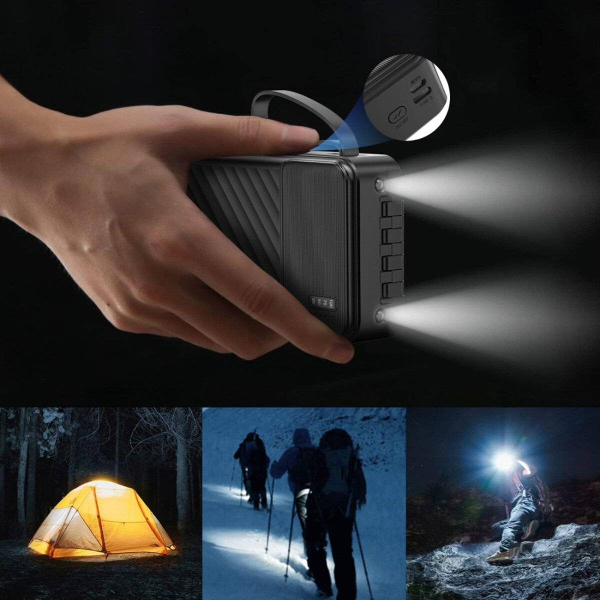 Eine Hand hält eine kompakte Taschenlampe, die helle Lichtstrahlen in zwei Richtungen ausstrahlt. Darunter zeigen Bilder Camping, Wandern im Schnee und nächtliche Erkundungen.