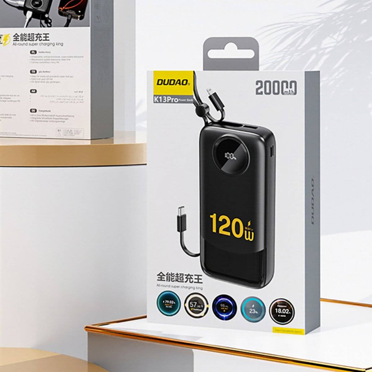 Dudao K13Pro 20000 mAh Powerbank mit integriertem Kabel – Schwarz