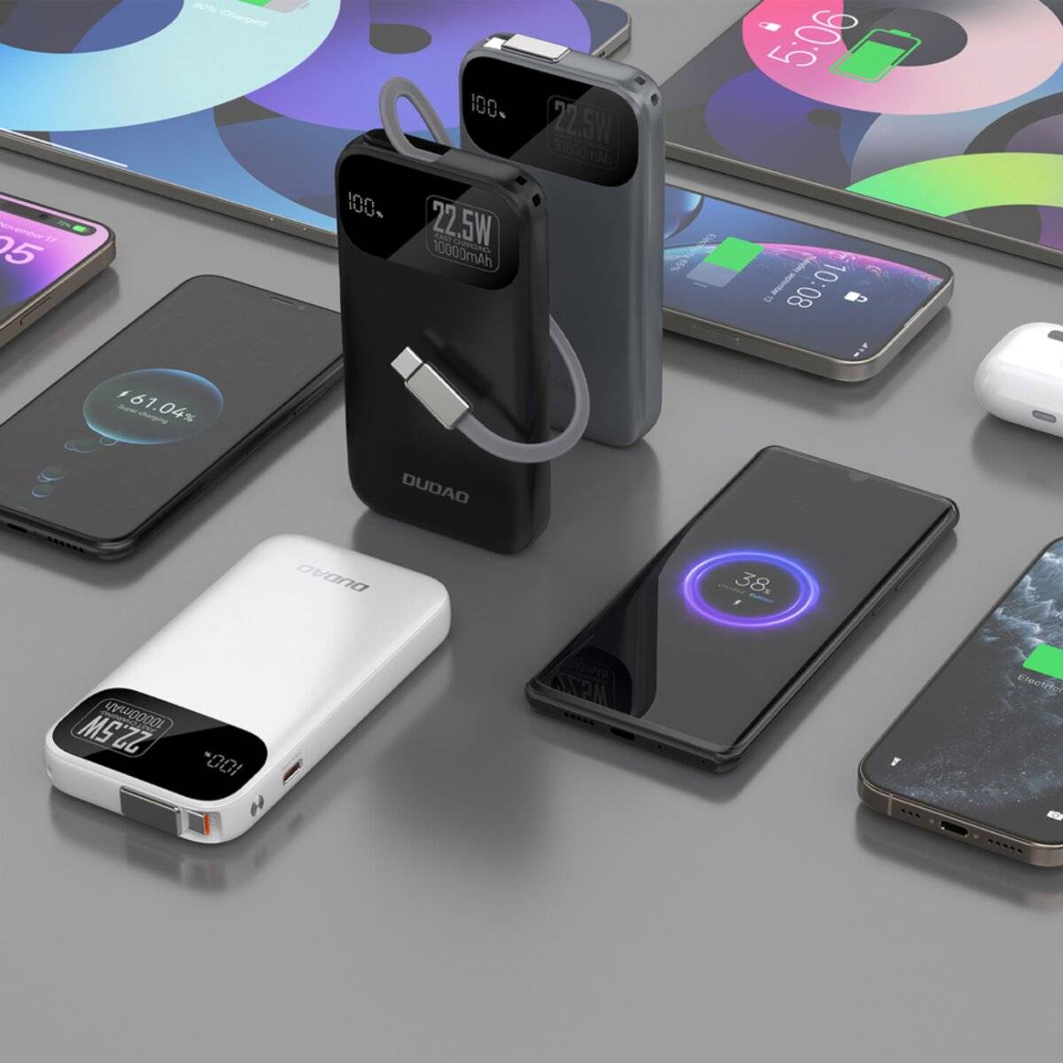 Dudao K31 10000 mAh 22,5 W PD Powerbank mit integriertem Kabel – Schwarz
