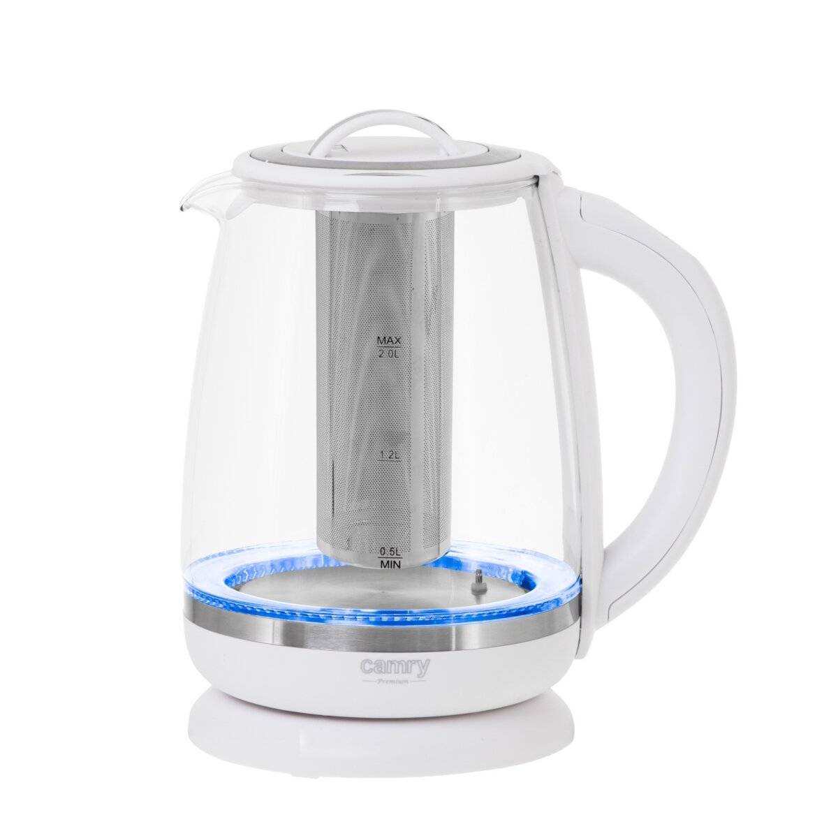 Camry CR 1290 Wasserkocher mit Teesieb, 2 L - 2200 W, 360° drehbar, Weiß