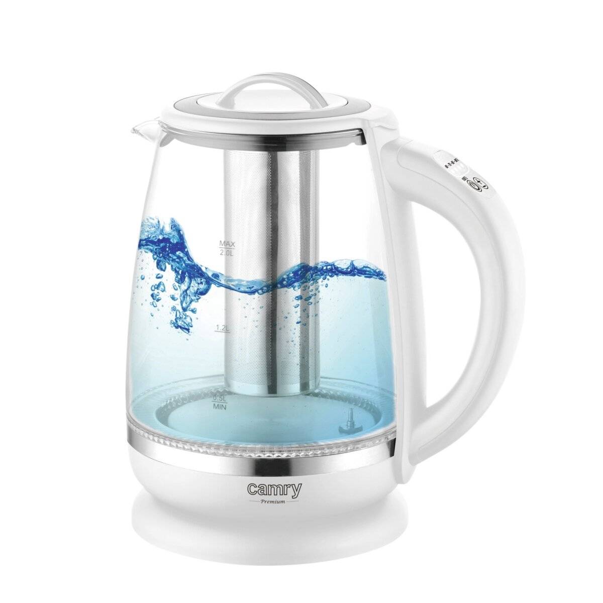 Camry CR 1290 Wasserkocher mit Teesieb, 2 L - 2200 W, 360° drehbar, Weiß