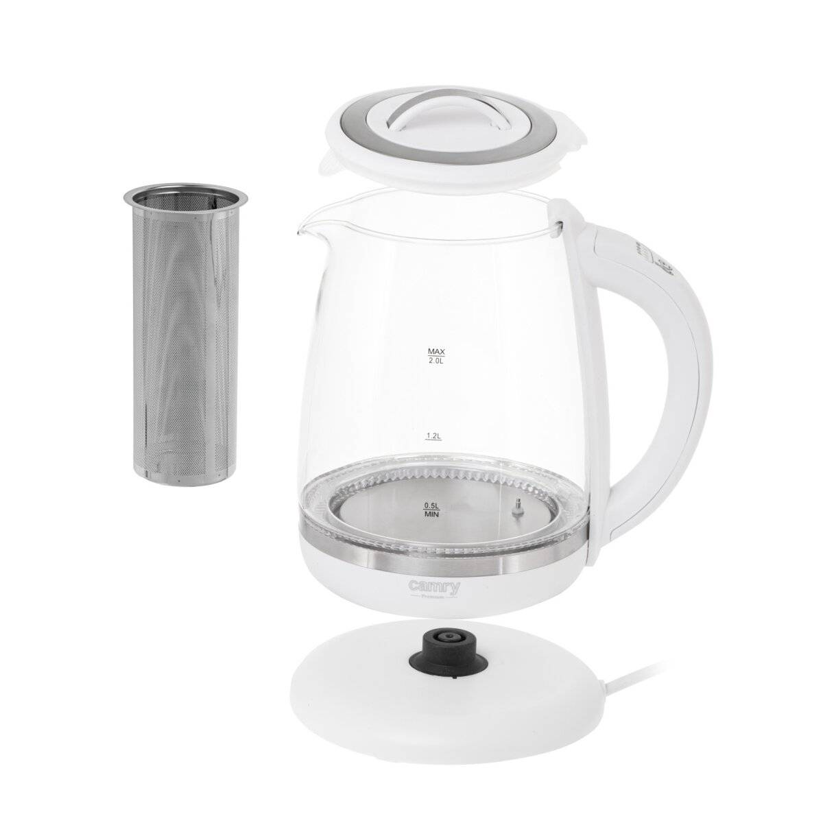 Camry CR 1290 Wasserkocher mit Teesieb, 2 L - 2200 W, 360° drehbar, Weiß