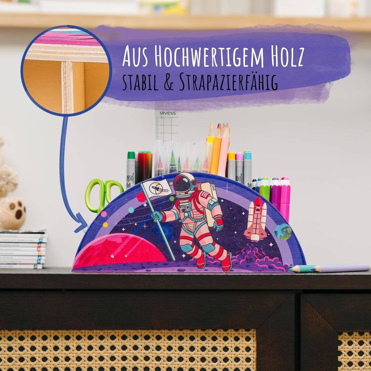 WAGOMA Stiftehalter Kinder [5 Fächer] Robuster Schreibtisch Organizer aus Holz Astronaut