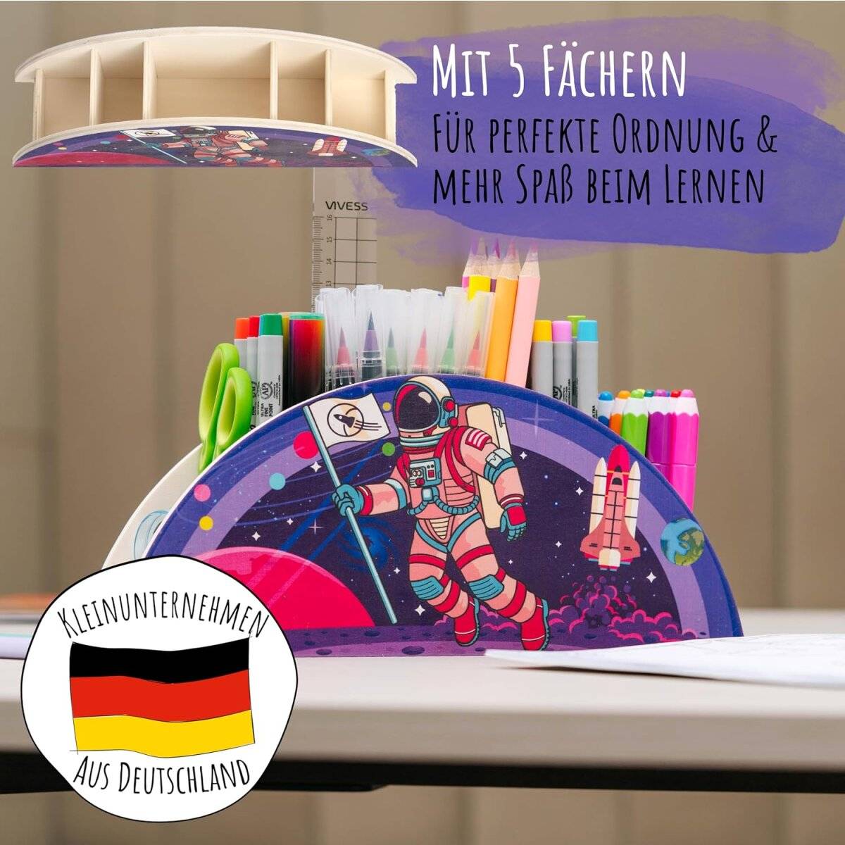 WAGOMA Stiftehalter Kinder [5 Fächer] Robuster Schreibtisch Organizer aus Holz Astronaut