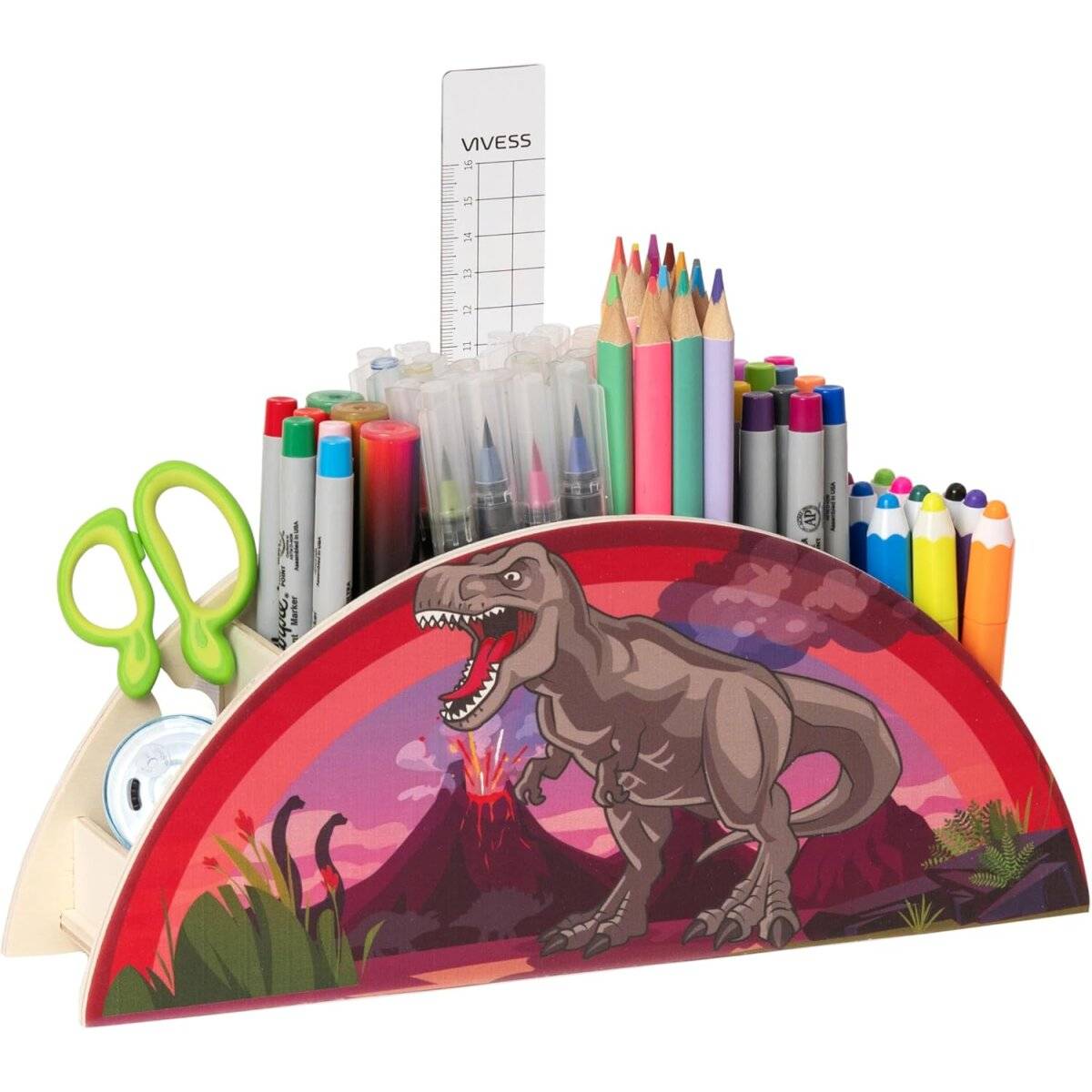 WAGOMA Stiftehalter Kinder [5 Fächer] Robuster Schreibtisch Organizer aus Holz Dinosaurier