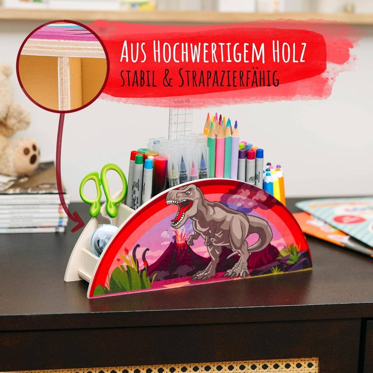 WAGOMA Stiftehalter Kinder [5 Fächer] Robuster Schreibtisch Organizer aus Holz Dinosaurier