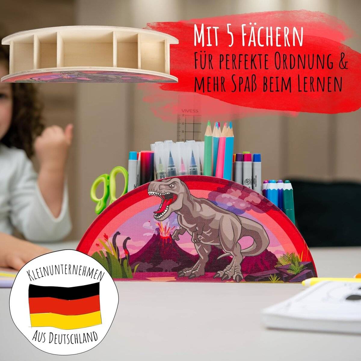 WAGOMA Stiftehalter Kinder [5 Fächer] Robuster Schreibtisch Organizer aus Holz Dinosaurier