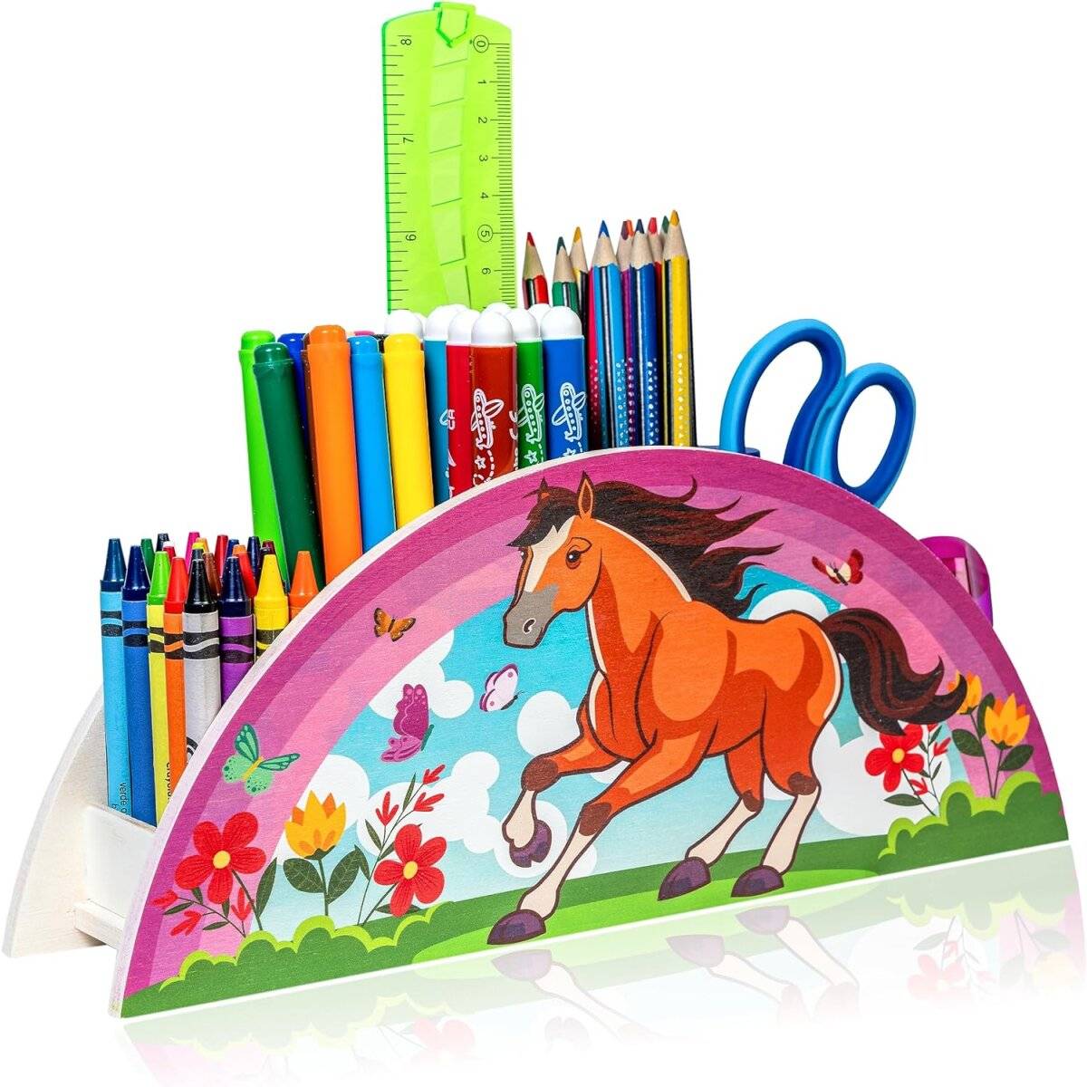 WAGOMA Stiftehalter Kinder [5 Fächer] Robuster Schreibtisch Organizer aus Holz Pferd