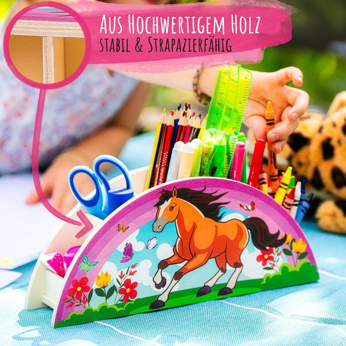 WAGOMA Stiftehalter Kinder [5 Fächer] Robuster Schreibtisch Organizer aus Holz Pferd