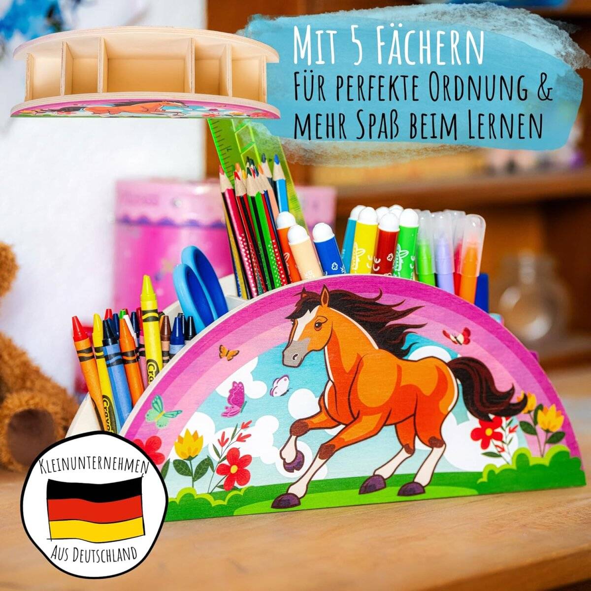 WAGOMA Stiftehalter Kinder [5 Fächer] Robuster Schreibtisch Organizer aus Holz Pferd