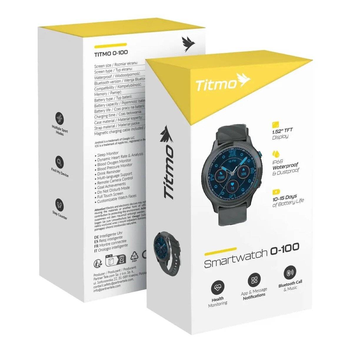 Titmo O-100 Smartwatch 1,52 Zoll TFT-Display, IP68-Wasserdicht in Schwarz