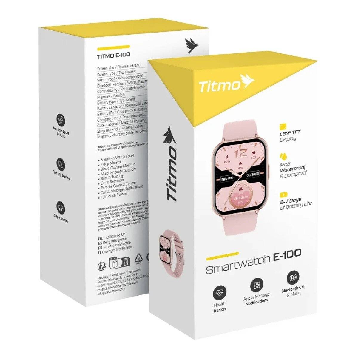 Titmo E-100 Smartwatch 1,83 Zoll TFT-Display, IP68-Wasserdicht Rosa