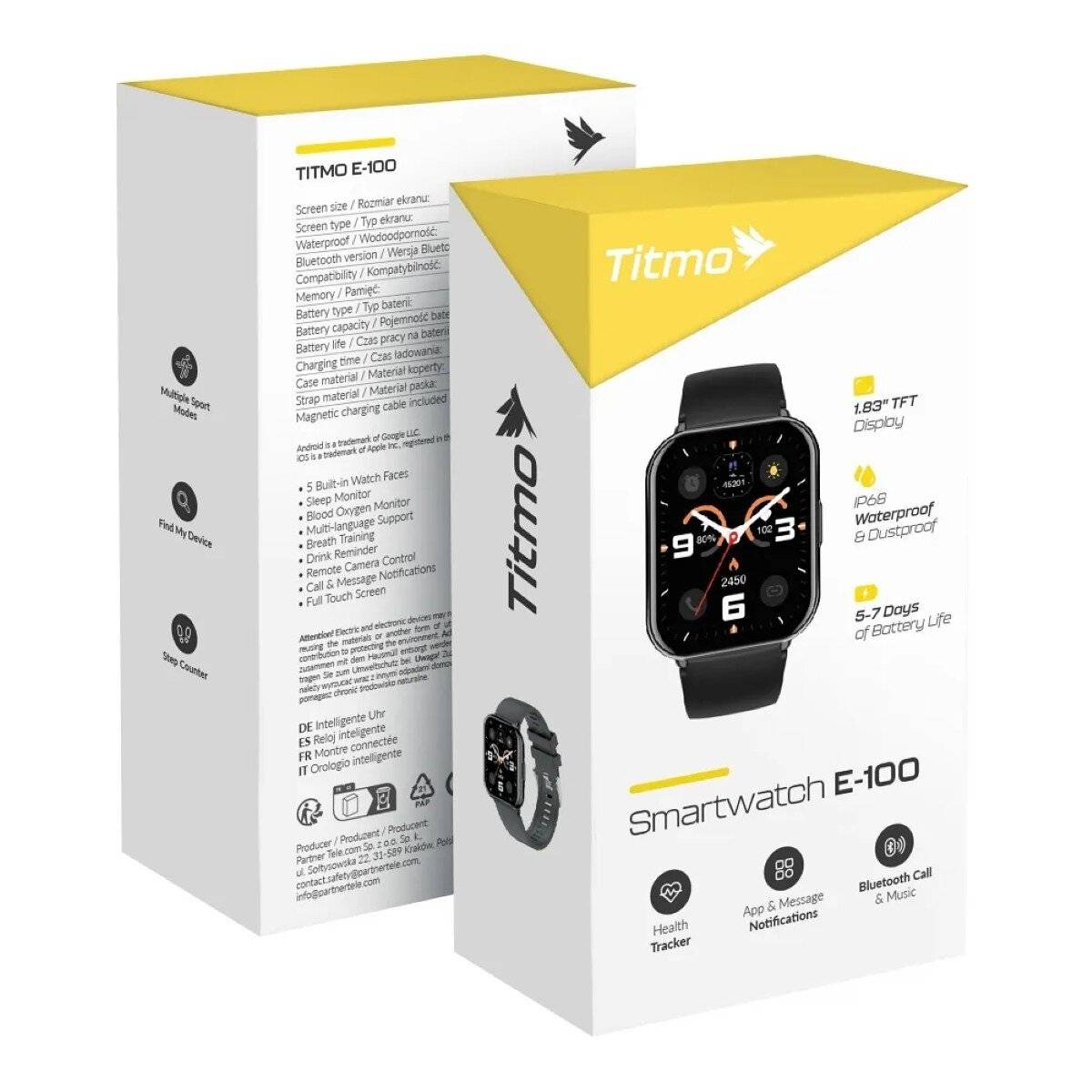 Titmo E-100 Smartwatch 1,83 Zoll TFT-Display, IP68-Wasserdicht Schwarz