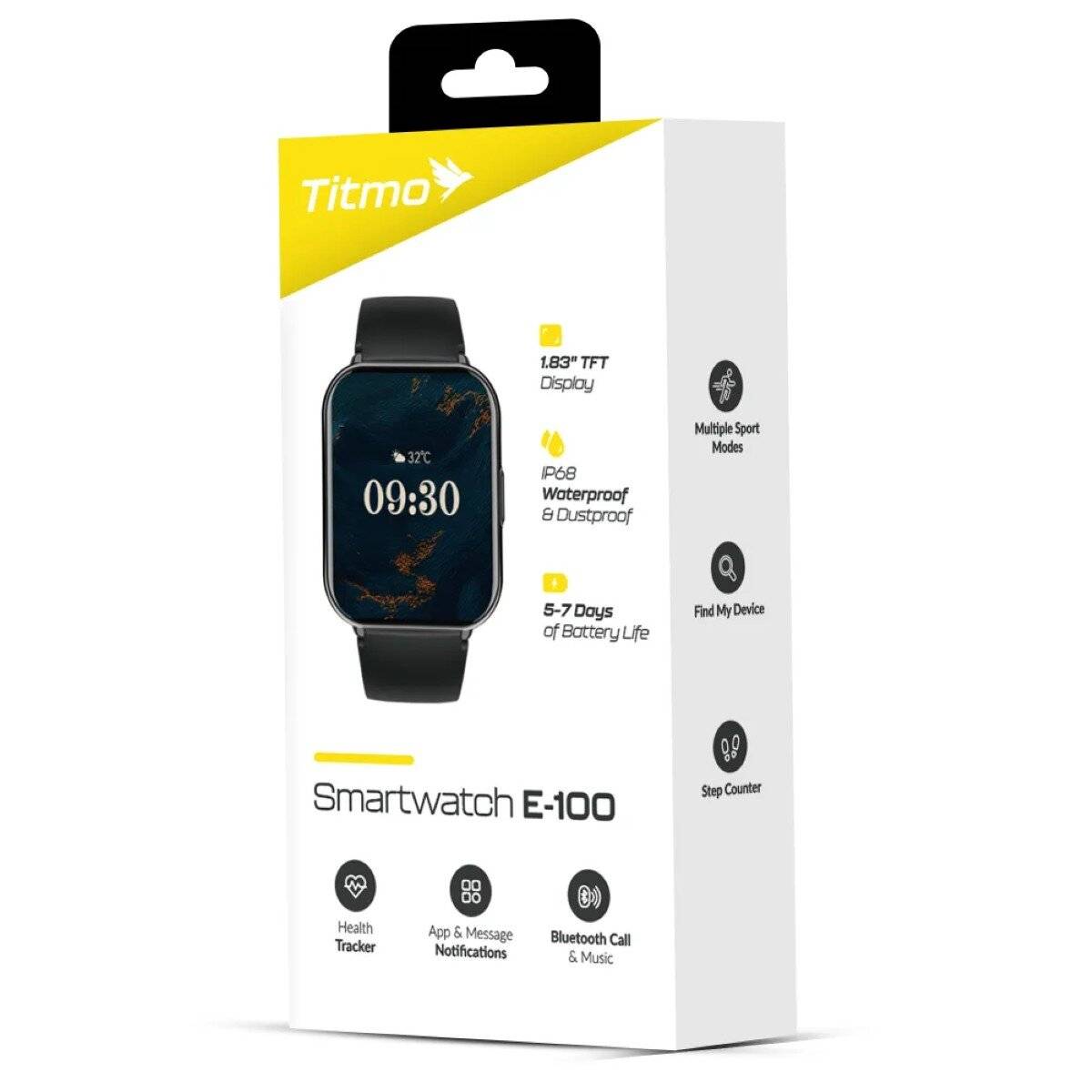 Titmo E-100 Smartwatch 1,83 Zoll TFT-Display, IP68-Wasserdicht Schwarz