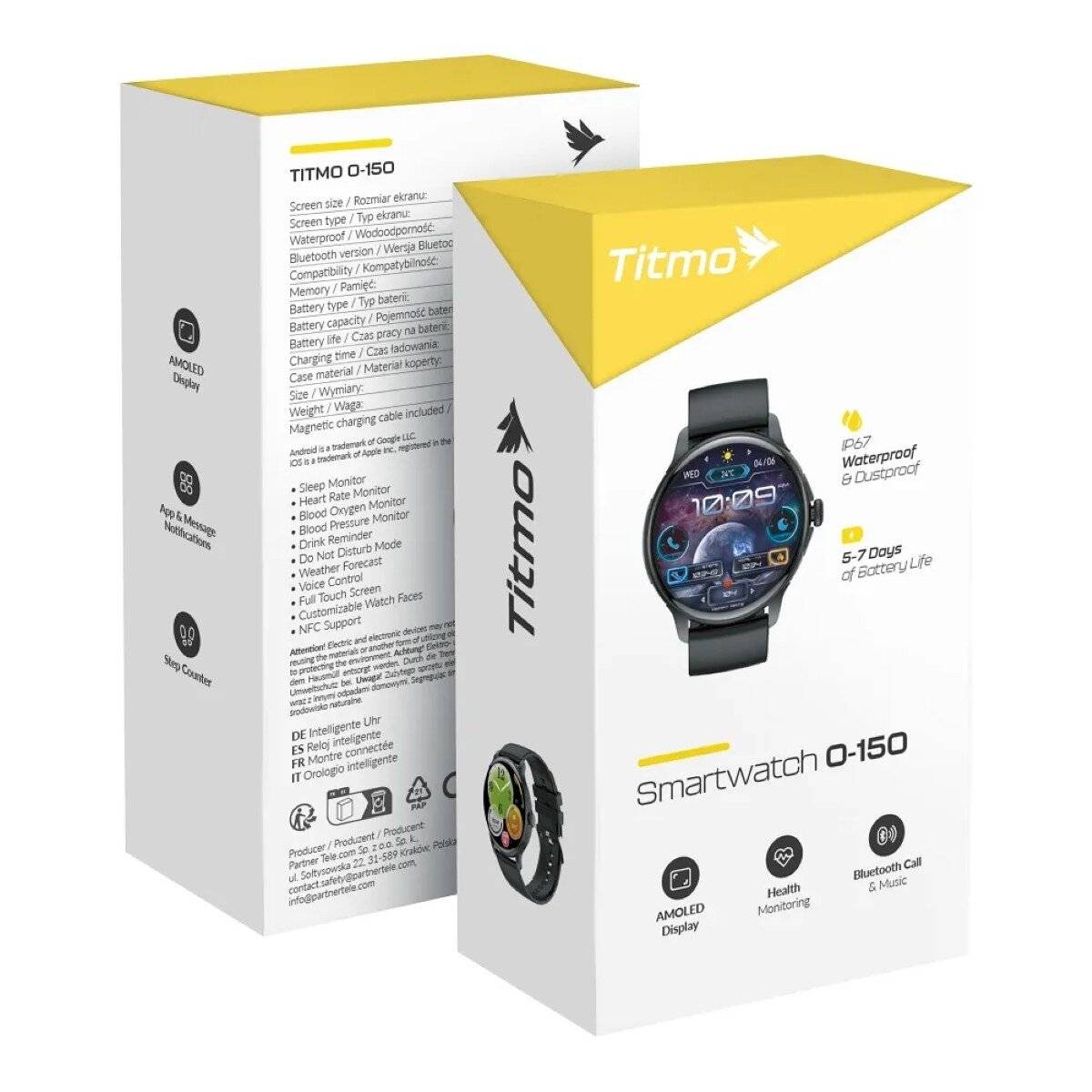 Titmo O-150 Smartwatch 1,43 Zoll AMOLED-Display, IP67-Wasserdicht Schwarz