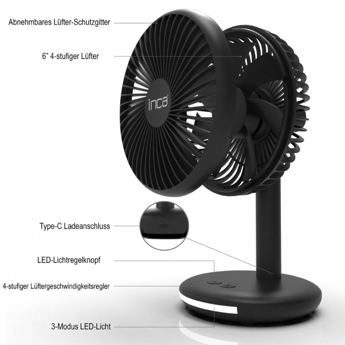 Inca IMF-16B – 6 Zoll LED Schreibtischventilator mit 4 Stufen und 3 LED-Stufen