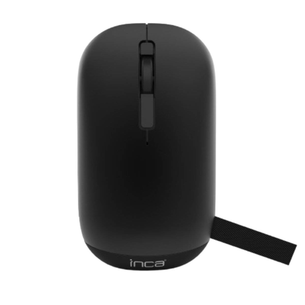 Eine schwarze kabellose Computermaus mit einem Scrollrad und einem kleinen Logo am Boden, ausgestattet mit einem USB-Anschluss.
