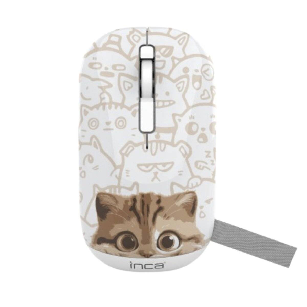Eine Computermaus mit einem Muster aus Cartoon-Katzengesichtern und großen, realistischen Katzenaugen an der Basis. Die Marke 'inca' ist unterhalb der Augen sichtbar.