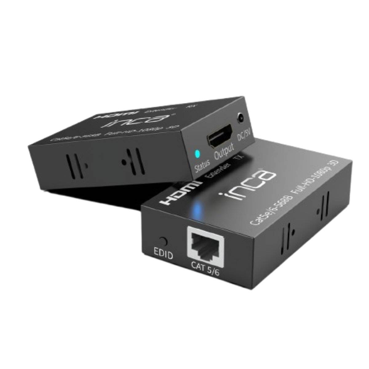 Zwei schwarze HDMI-Extender mit der Markenbezeichnung 'inca'. Einer zeigt Anschlüsse für 'Status', 'Ausgang' und 'DC/5V'. Beide haben CAT 5/6 und EDID-Beschriftungen.