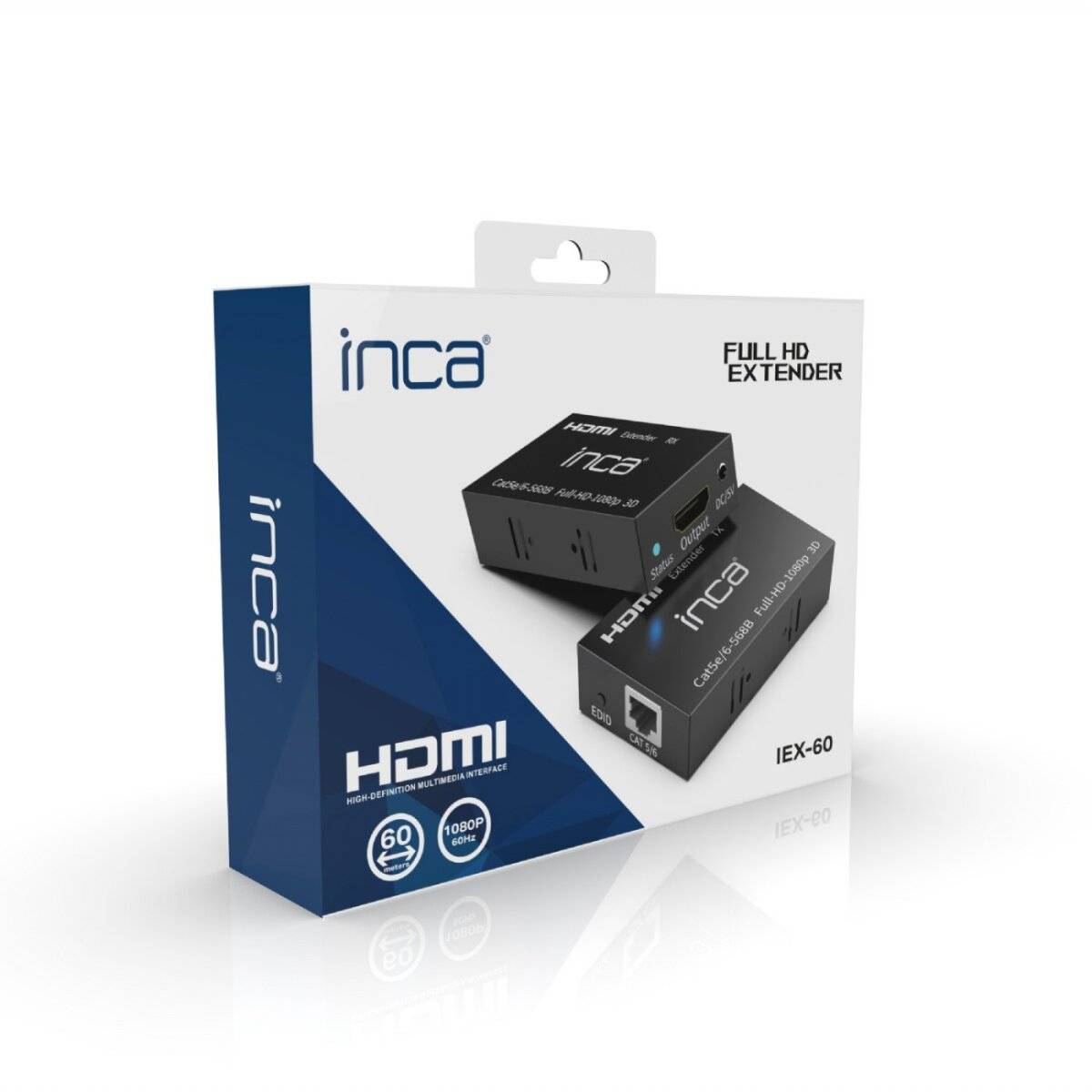 Das Bild zeigt einen verpackten Inca HDMI-Extender des Modells iEX-60 mit Full HD-Unterstützung und betont seine Fähigkeit, 1080p-Video bis zu 60 Meter zu übertragen.