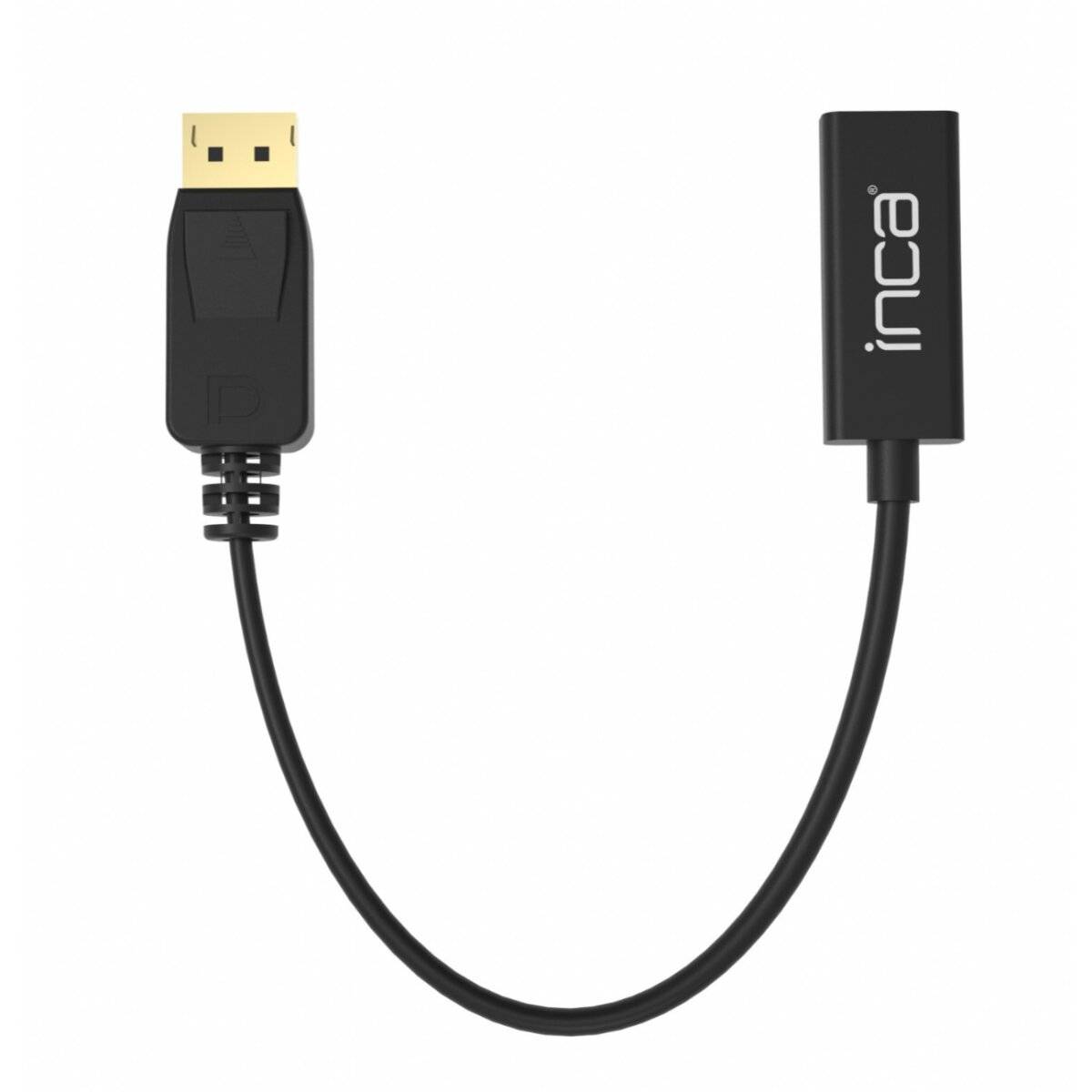 Ein schwarzes DisplayPort zu HDMI Adapterkabel mit 'inca' Logo am HDMI-Ende, geeignet zum Verbinden von Geräten mit unterschiedlichen Anschlüssen.