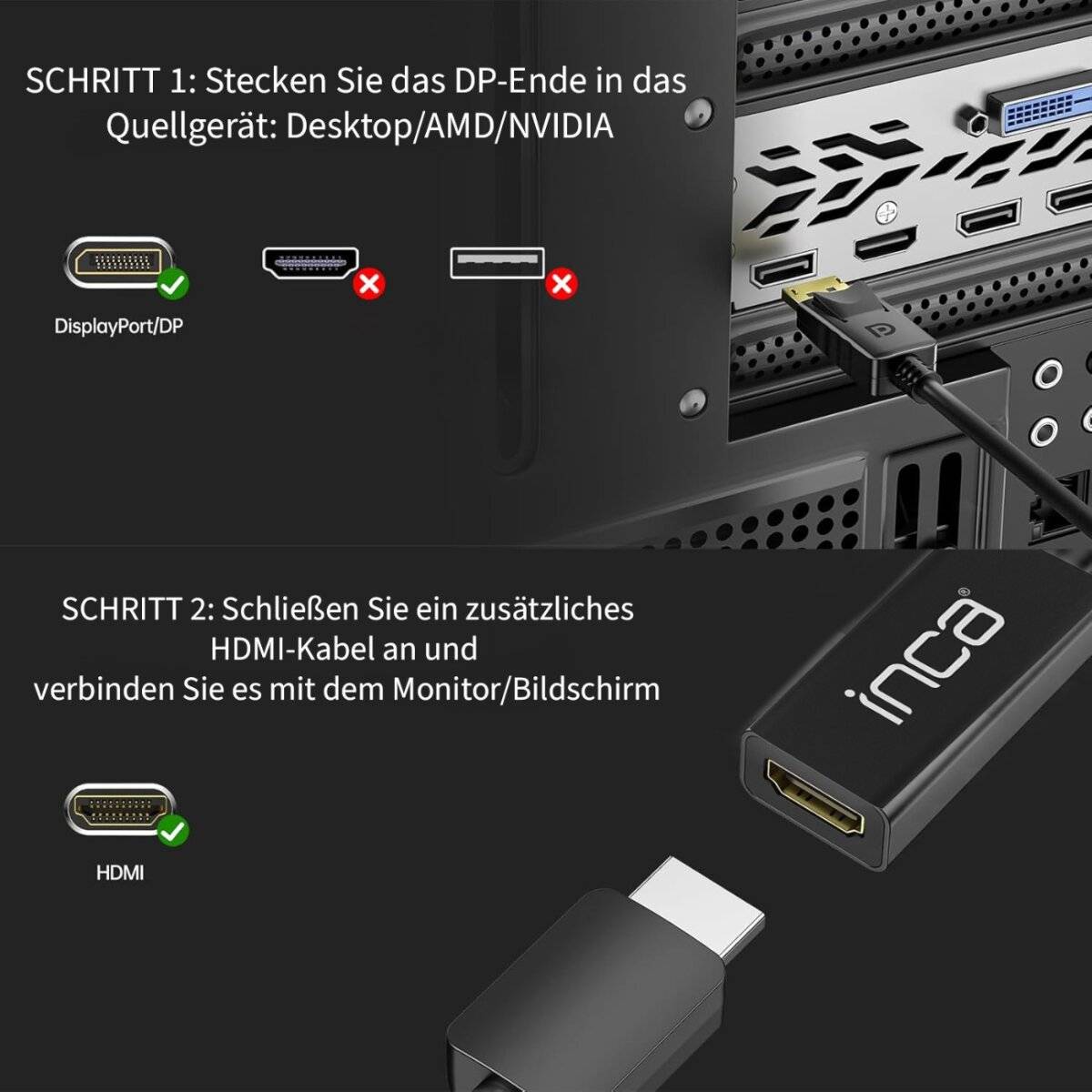 Eine Anleitung zeigt, wie man ein DP-Kabel mit dem GPU-Anschluss eines Desktops und ein HDMI-Kabel mit einem Monitor mittels eines Inca-Adapters verbindet, inklusive schrittweiser Anweisungen.