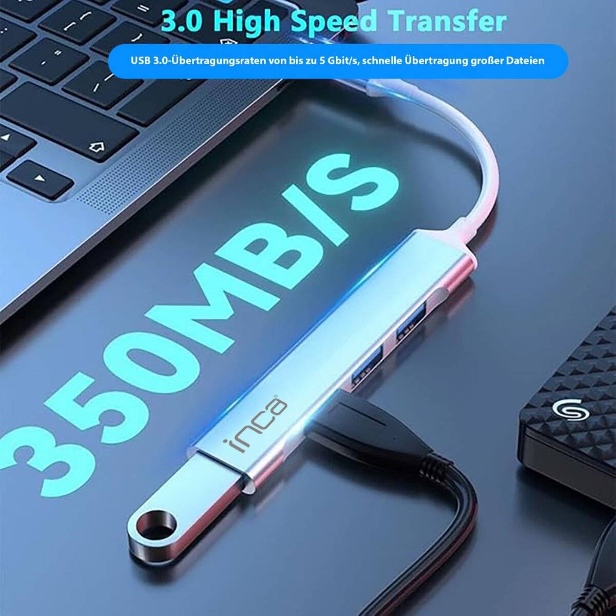 Ein USB 3.0-Gerät, das mit einem Laptop und einer externen Festplatte verbunden ist, mit der Bezeichnung '350 MB/s', zeigt die Fähigkeit zur hochschnellen Datenübertragung.