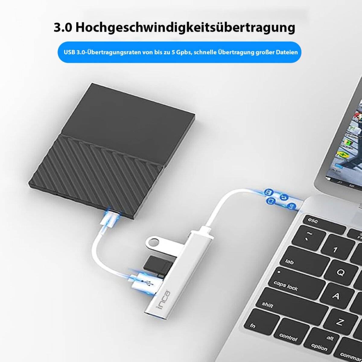 Ein externer Festplattenlaufwerk ist über ein USB-C-Kabel mit einem Laptop verbunden. Der Text hebt die 