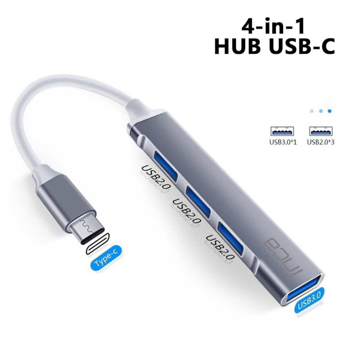 4-in-1 HUB USB-C Adapter mit zwei USB 3.0- und zwei USB 2.0-Anschlüssen.