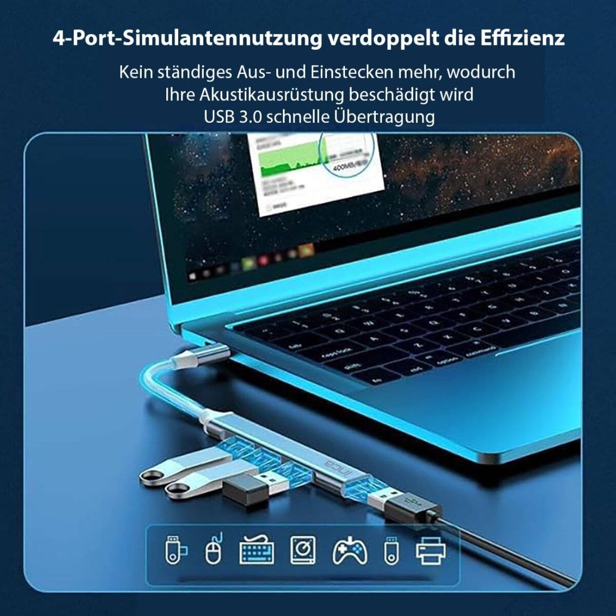 Bild zeigt ein Kabel, das an die USB-Anschlüsse eines Laptops angeschlossen ist, beschrieben als '4-Port-Simultane Nutzung verdoppelt die Effizienz'. USB 3.0 mit ultraschneller Übertragung.