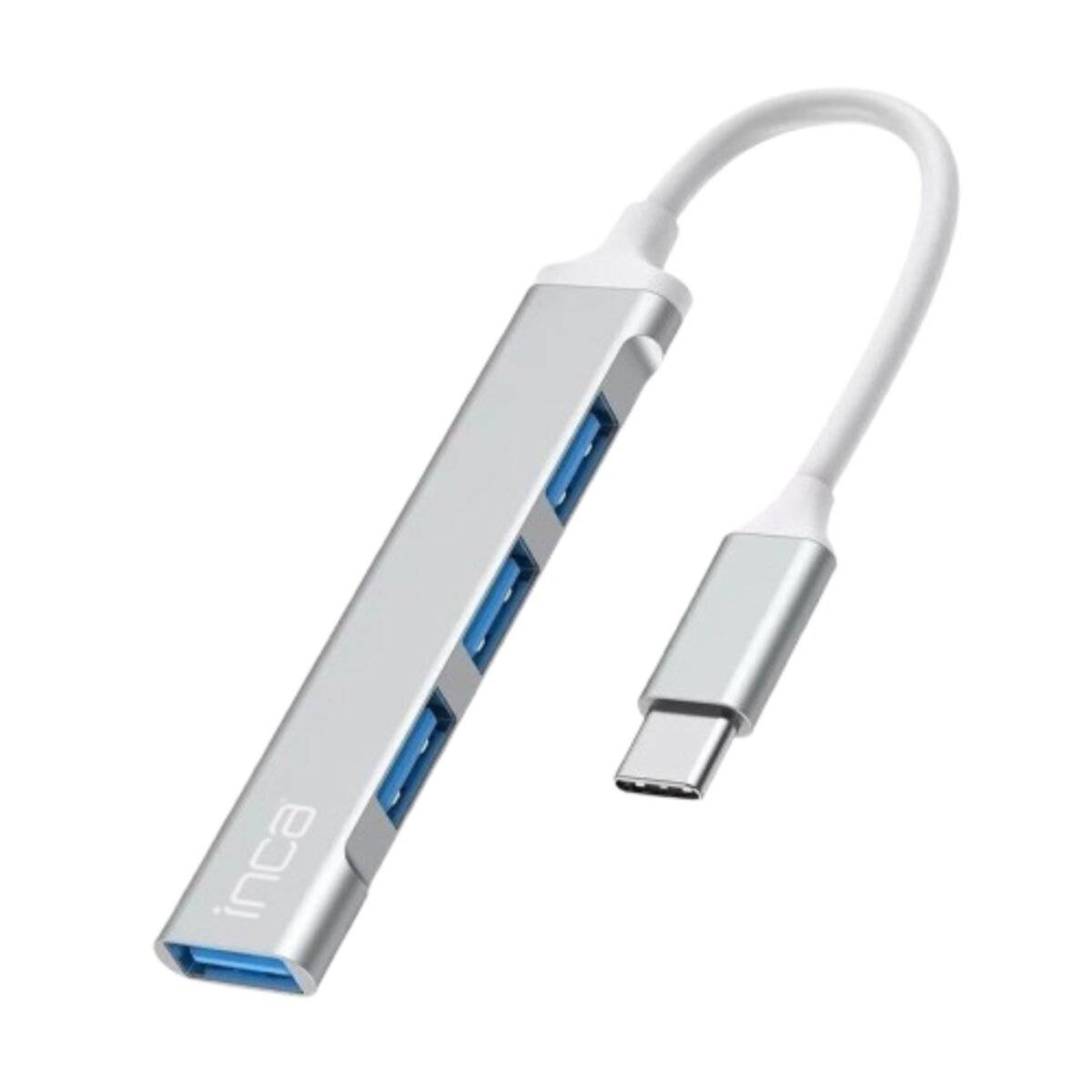 USB-C-Hub mit vier USB-A-Anschlüssen in elegantem Silberdesign, durch ein kurzes Kabel verbunden; zur Erweiterung der Konnektivitätsmöglichkeiten.