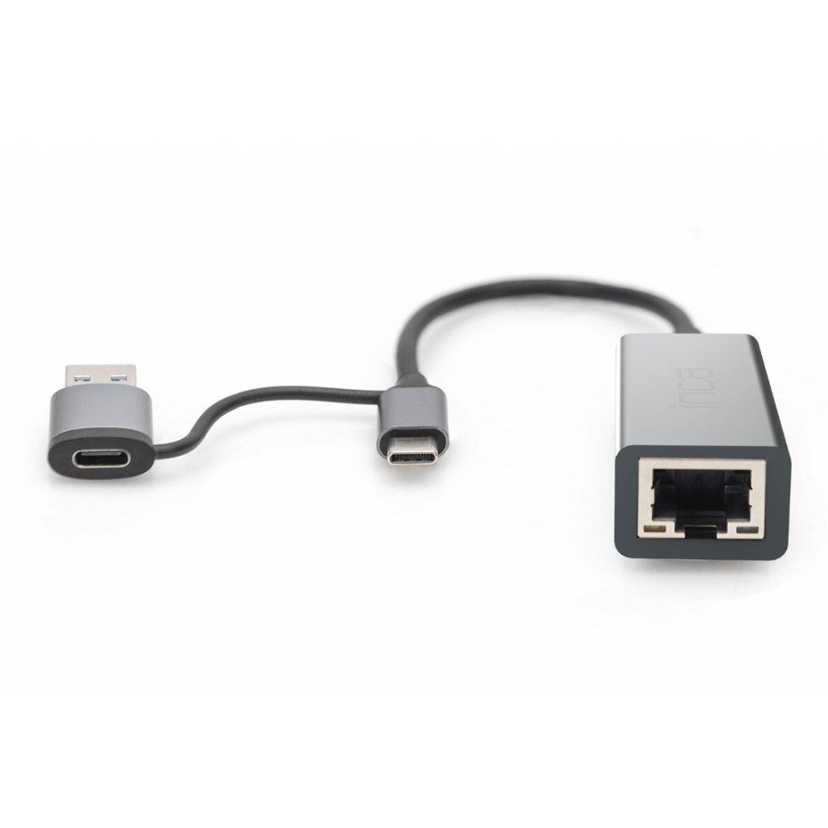 Ein USB-C zu Ethernet-Adapter mit einem kurzen Kabel, der einen USB-C-Anschluss auf der einen und einen Ethernet-Anschluss auf der anderen Seite hat.