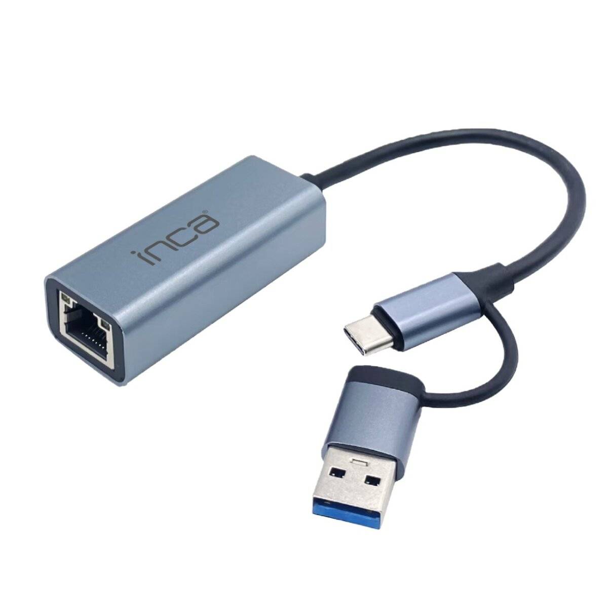 Ein Adapter mit einem USB-Anschluss auf der einen Seite und einem Ethernet-Anschluss auf der anderen Seite, mit der Markenbezeichnung 'inca', der für Netzwerkverbindungen über USB verwendet wird.