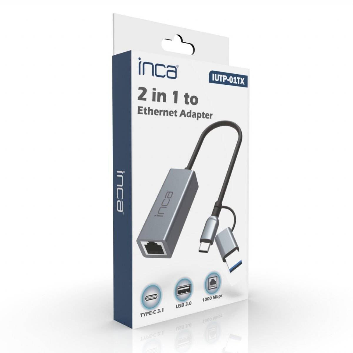 Verpackung eines 'Inca 2-in-1 Ethernet-Adapters' mit USB-C und USB 3.0, unterstützt 1000 Mbps.