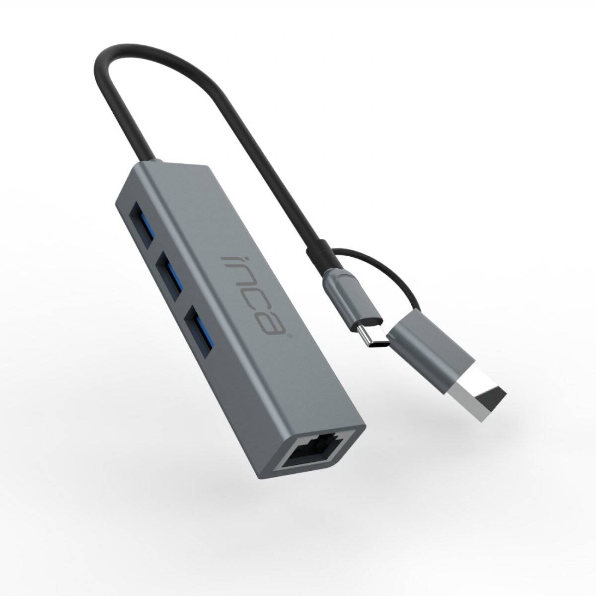Ein USB-C-Hub mit drei USB-Anschlüssen und einem Ethernet-Anschluss. Er wird über ein kurzes Kabel angeschlossen und ist mit der Marke 'inca' versehen.