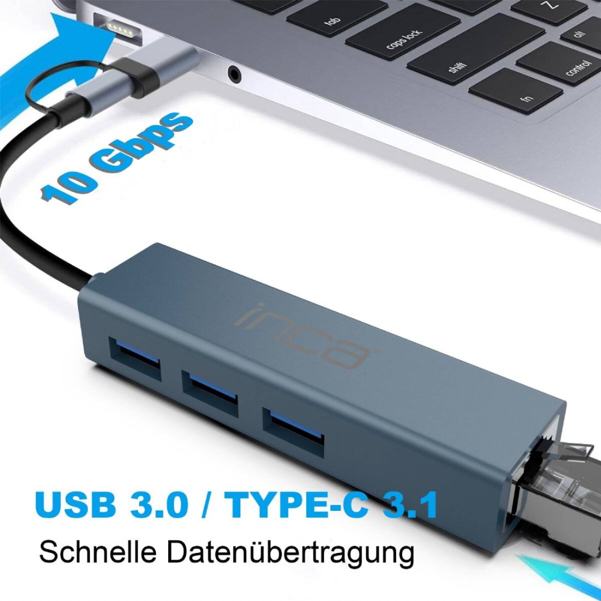 Ein USB-Hub, der mit einem Laptop verbunden ist, bietet eine Datenübertragung von 10 Gbps mit USB 3.0/Type-C 3.1 Anschlüssen und betont damit die schnelle Datenübertragung.