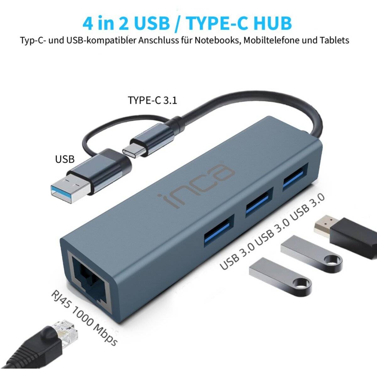 4 in 2 USB / TYPE-C HUB mit Anschlüssen für USB 3.0, USB 3.0 2TB, USB 3.0 8GB und RJ45 1000 Mbps, kompatibel mit Notebooks und Tablets.