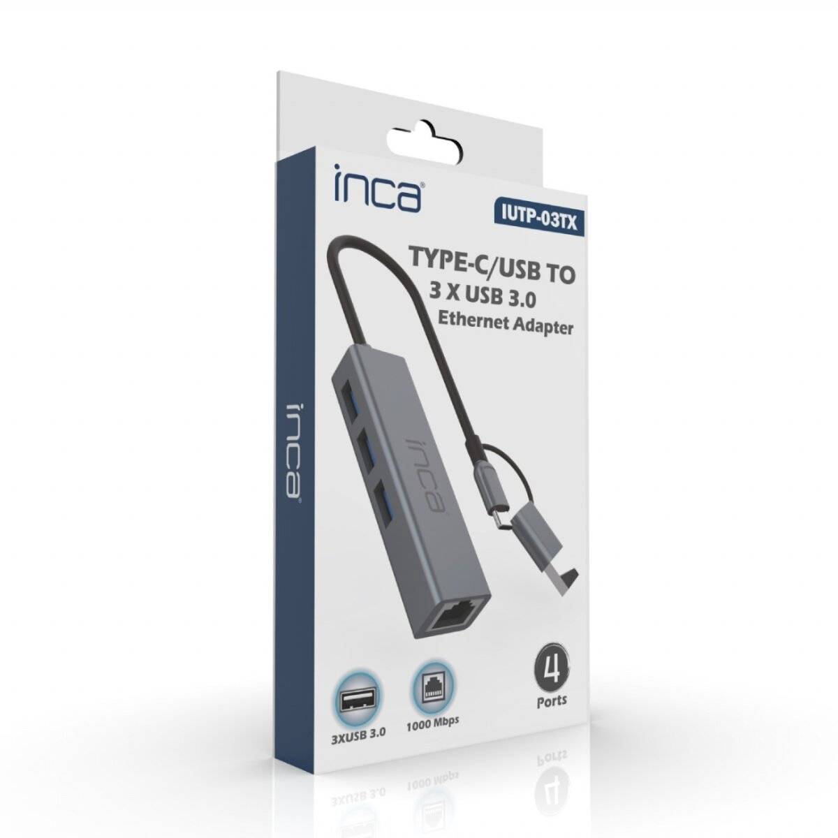 inca TYP-C/USB ZU 3 X USB 3.0 Ethernet Adapter' Verpackung, die einen Adapter mit Anschlüssen zeigt. Enthält den Text '1000 Mbps', '4 Ports' und das Logo.