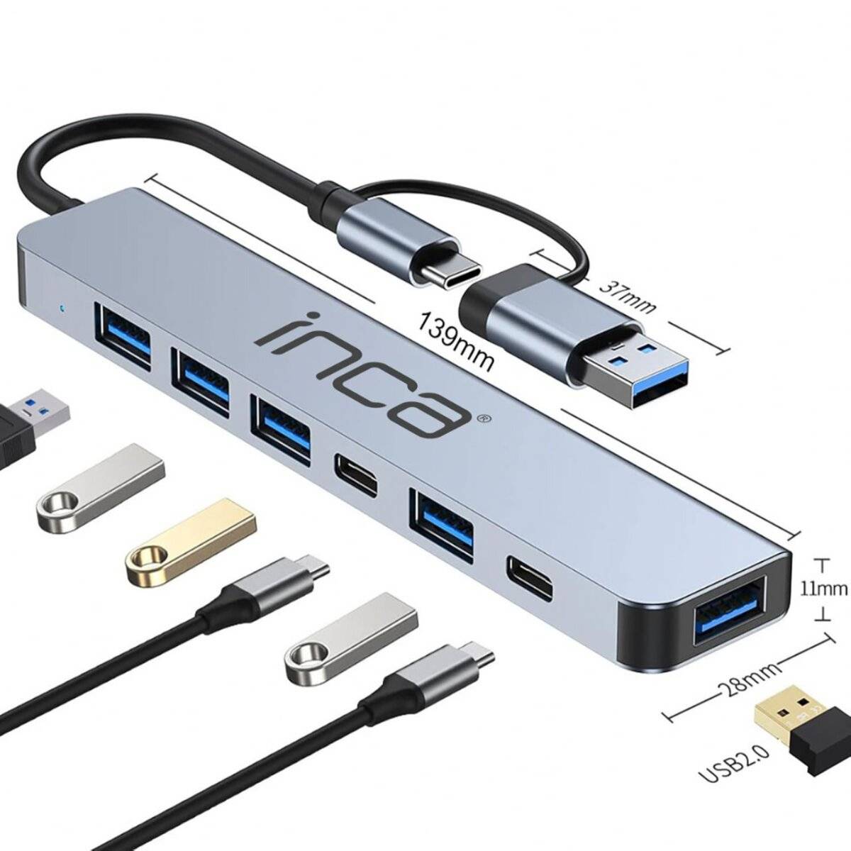 USB-Hub mit sieben Anschlüssen, einschließlich USB 3.0, USB-C und HDMI. Die Abmessungen betragen 139 mm Länge, 37 mm Breite und 11 mm Höhe.