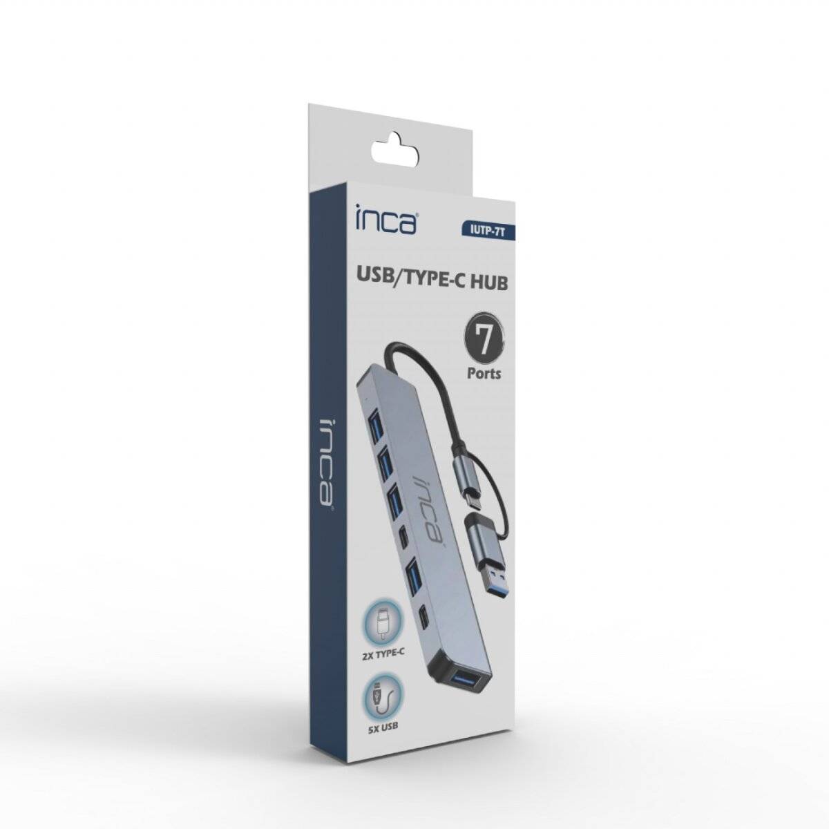 USB/Type-C Hub, 7 Anschlüsse - Verpackung, die ein schlankes, rechteckiges Hub mit zwei Type-C- und fünf USB-Anschlüssen an der Seite zeigt.