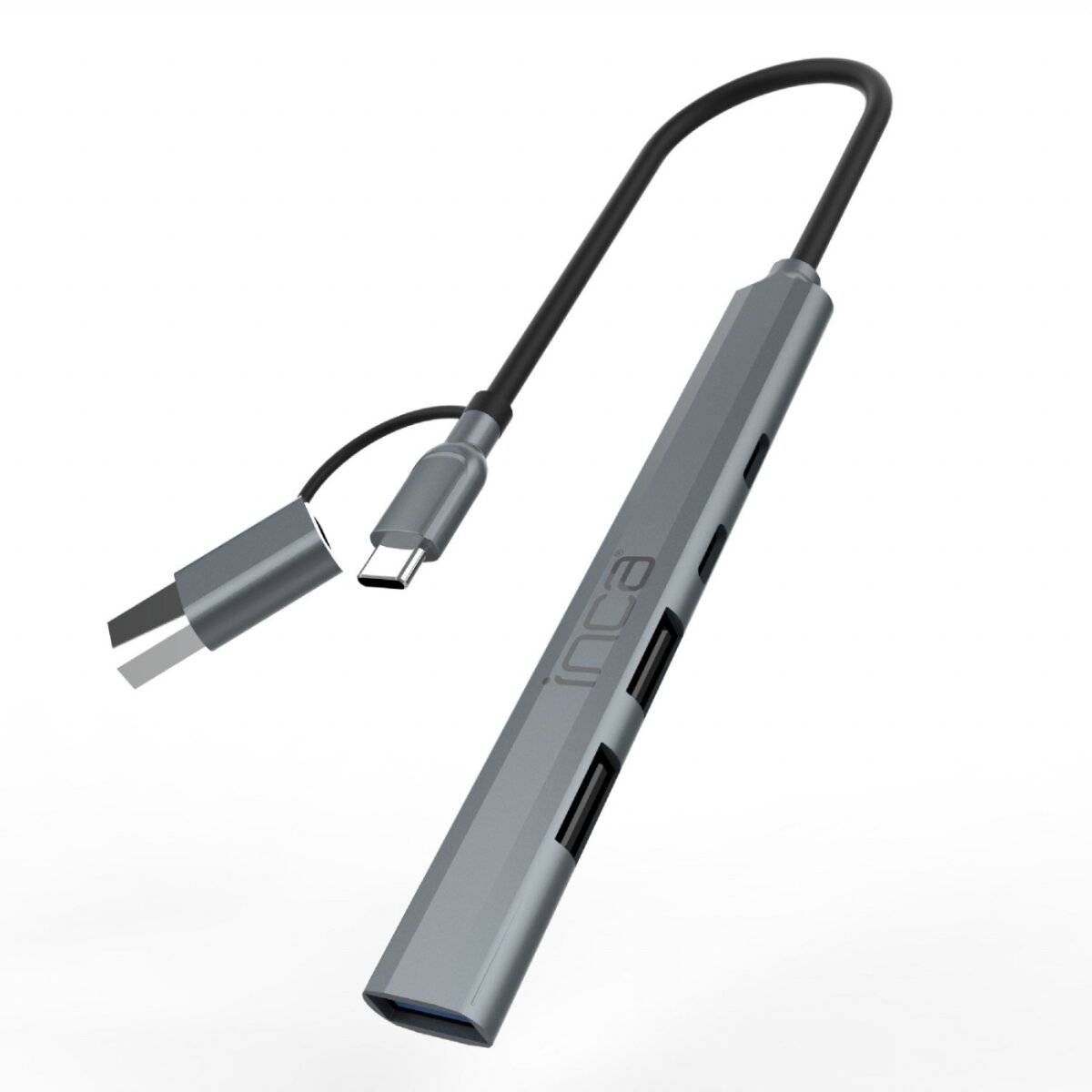 Ein schlanker, grauer USB-C-Hub mit mehreren Anschlüssen, einschließlich USB und HDMI, verbunden über ein kurzes Kabel.