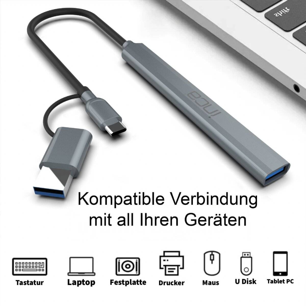 Ein USB-C-Hub mit mehreren Anschlüssen, der an einen Laptop angeschlossen ist und die Kompatibilität mit Geräten wie Handys, Festplatten, Druckern und mehr veranschaulicht.