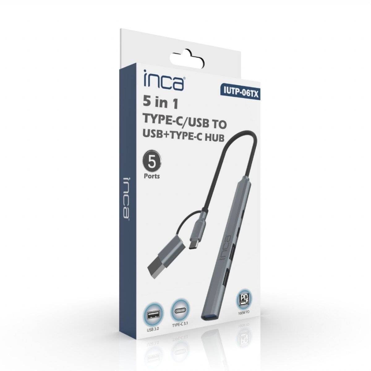 Verpackung eines '5-in-1 TYPE-C/USB ZU USB+TYPE-C HUB' von Inca, die das Produktbild und Funktionen wie USB-Kompatibilität und 5 Anschlüsse zeigt.