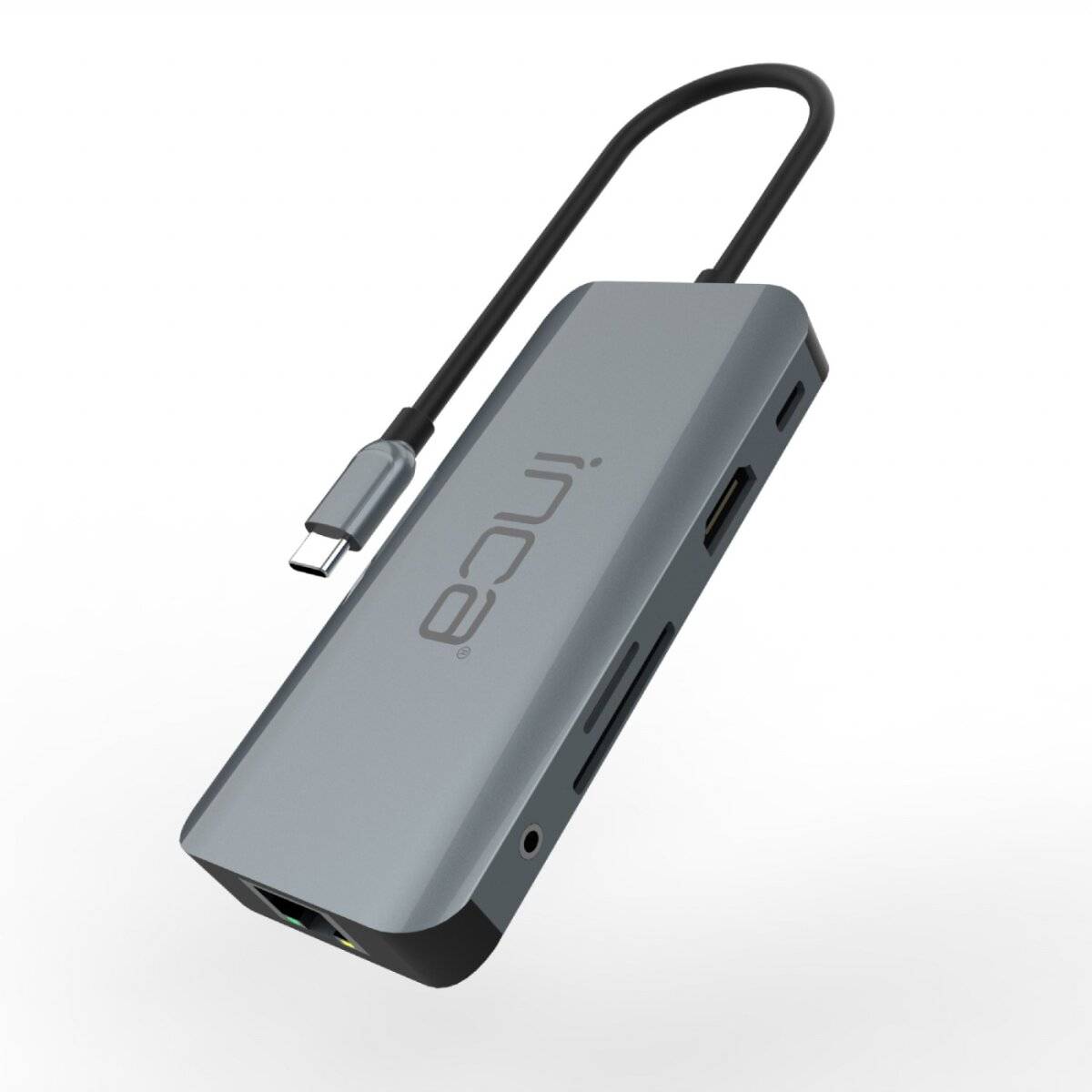 Ein metallischer, rechteckiger Multi-Port-Hub mit einer 'Type-C'-Verbindung, beschriftet mit 'inca'. Er verfügt über mehrere Eingabeanschlüsse für verschiedene Geräte.